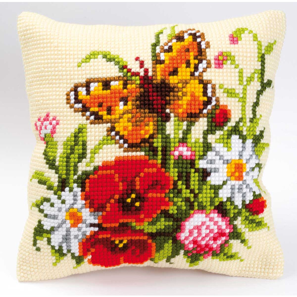 Almohada de punto de cruz Vervaco con juego de almohadas "Mariposa con flores silvestres", diseño de bordado