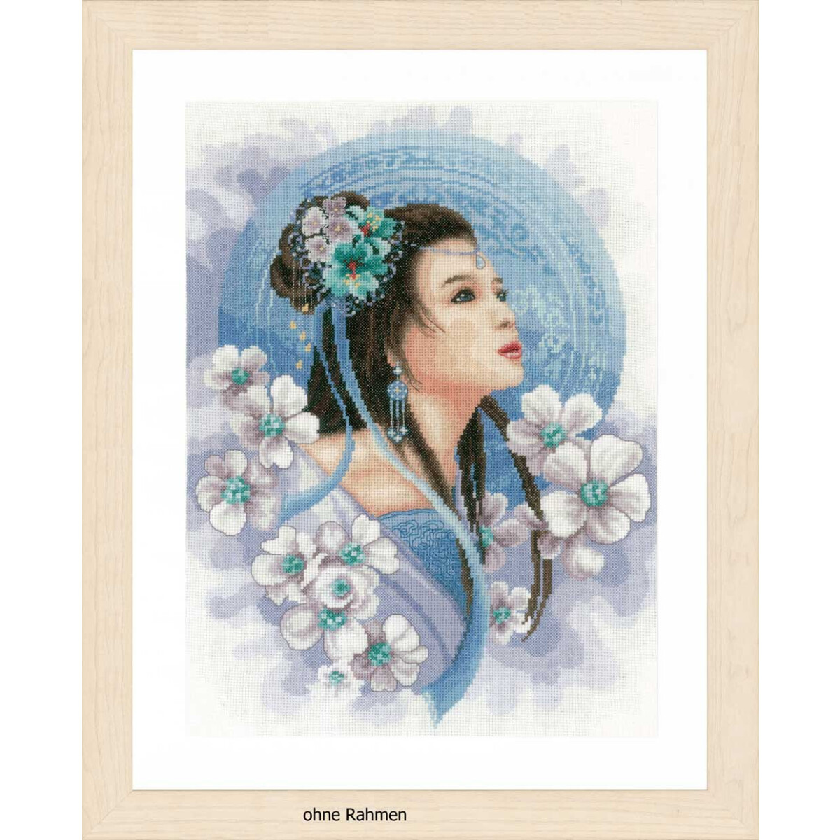 A framed work of art shows a woman with long, flowing...