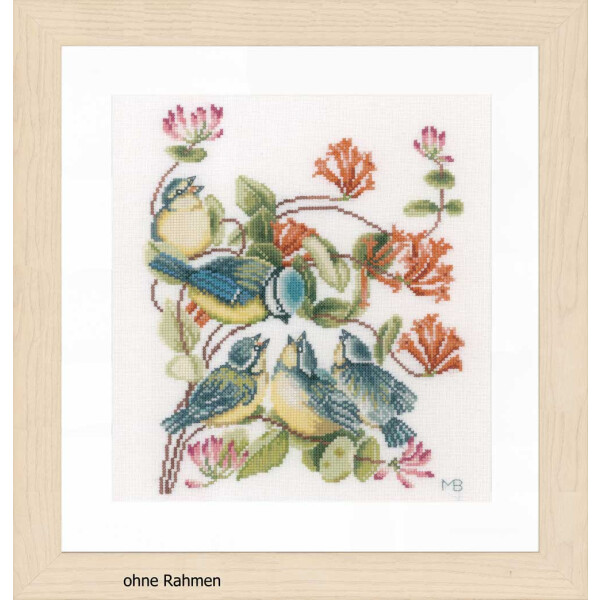 A framed artwork from Lanarte embroidery pack features five blue and yellow birds sitting on a branch surrounded by green leaves and red flowers. The birds are intricately decorated and feature a variety of stitches. The background is white and the wooden frame is light in color. The text underneath reads without frame.