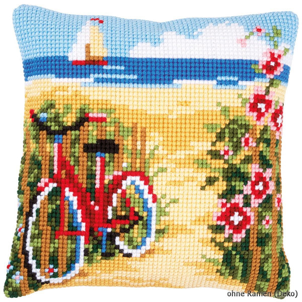Vervaco Подушка для вышивания крестом "Велосипед на пляже", дизайн вышивки предварительно нарисован