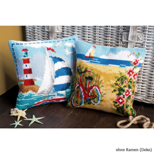 Vervaco stamped cross stitch kit cushion At the beach, DIY