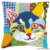 Подушка для вышивания крестом Vervaco "Кошка, стиль пэчворк", дизайн вышивки предварительно нарисован