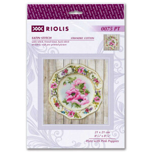 Riolis Stickbildset Plattstich "Teller mit rosa Mohnblumen", Stickbild vorgezeichnet