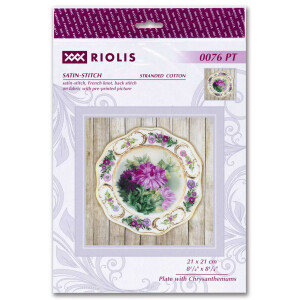 Riolis Stickbildset Plattstich "Teller mit Chrysanthemen ", Stickbild vorgezeichnet