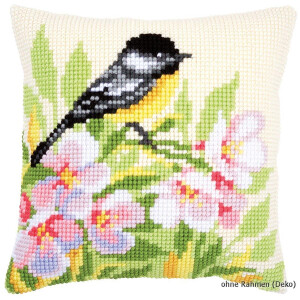 Vervaco stamped cross stitch kit cushion Tit & blossoms, DIY