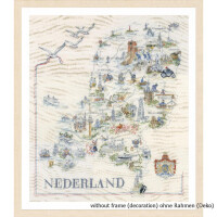 A colorful illustrated map of the Netherlands with various sights, animals and cultural symbols. At the bottom is the word Nederland and above it a note: without frame (decoration). The map has a surrounding beige frame and resembles an embroidery pack design by Lanarte.
