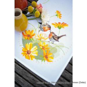 Vervaco Aida tafelloper borduurset "Robin en bloemen", telpatroon
