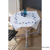 Vervaco Bedrukte tafelkleed borduurset "Blauwe veren", borduurpatroon getekend