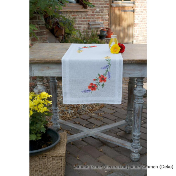 Vervaco Conjunto de bordados para caminos de mesa impresos "Flores y Lavanda", patrón de bordado dibujado