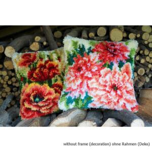 Vervaco Latch hook kit cushion Dahlias, stamped, DIY