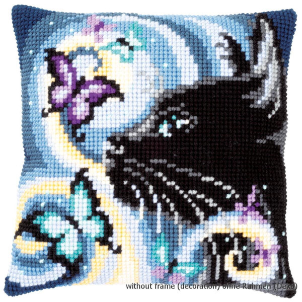 Vervaco stamped cross stitch kit cushion Cat with Butterflies, DIY