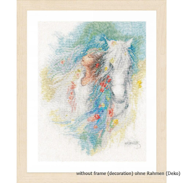 An embroidery pack from Lanarte with an impressionistic painting of a white horse with flowing mane and tail, depicted in bright colors such as blue, red and green. The horse is partially obscured by swirling colors and textures. The text under the picture reads: without frame (decoration). Ideal for cross stitch pattern lovers.