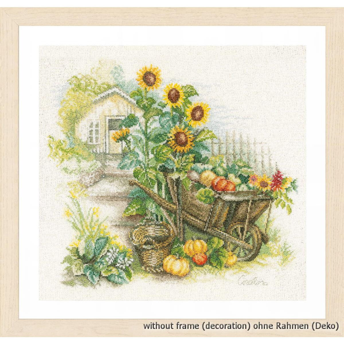 A detailed embroidery of a rustic garden scene shows a...