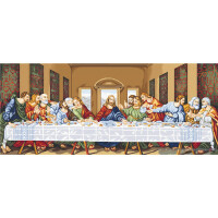 A stylized, colourful reproduction of Leonardo da Vincis Last Supper, reminiscent of a Lucas embroidery. Jesus sits with his twelve disciples in the center at a long table, against an ornate background decorated with tapestries. The disciples expressions and gestures vary, suggesting a moment of intense discussion.