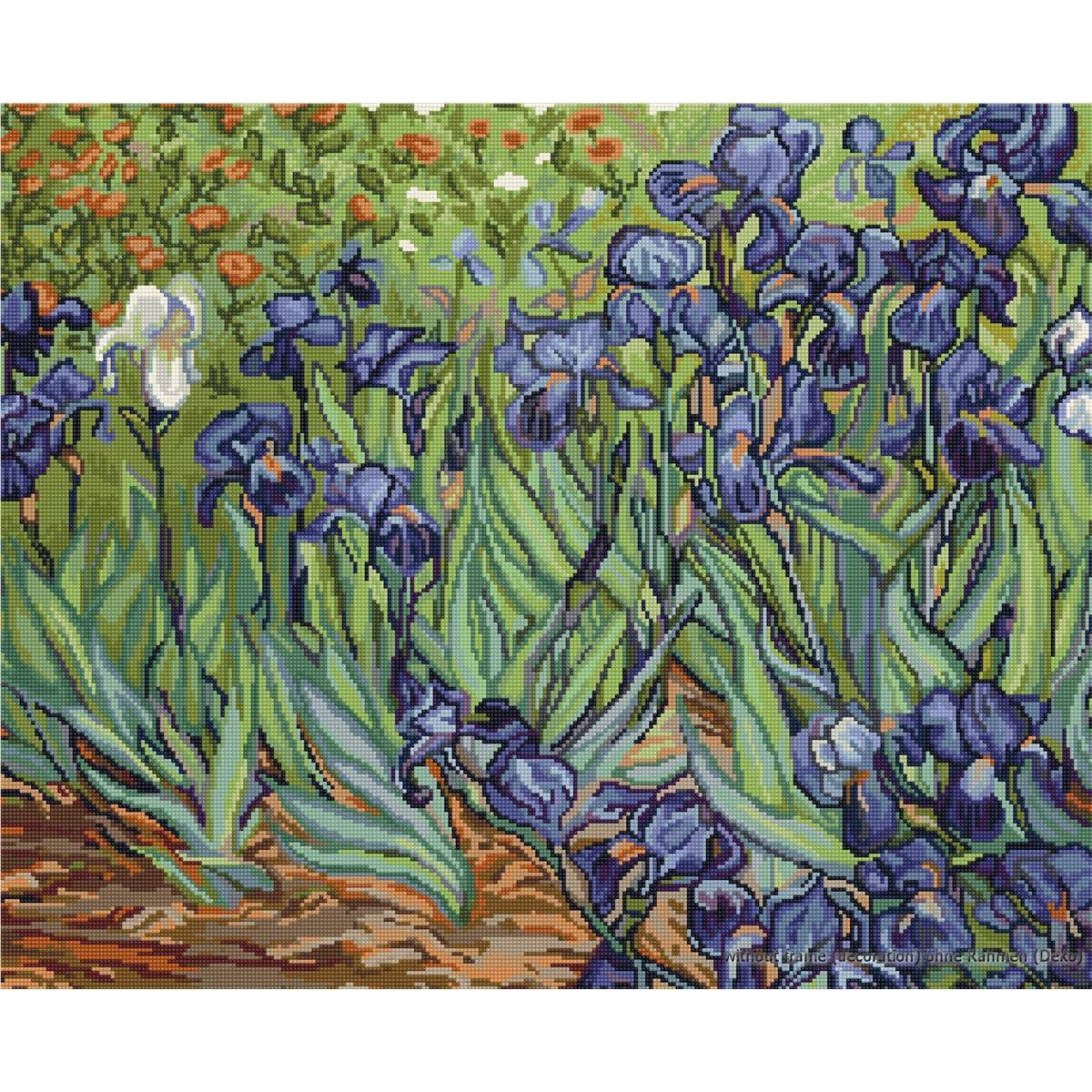 A detailed painting shows a garden full of bright purple...