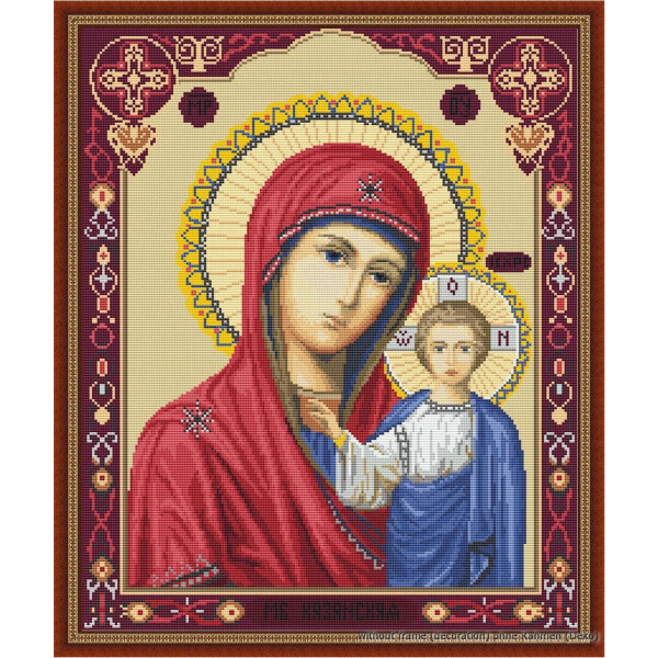 An ornate religious tapestry, perfect for a Luca-s embroidery pack, depicts the Virgin Mary in a red robe with a halo holding the baby Jesus in a blue and white robe. The intricately patterned background features gold and red decorative elements and religious symbols.