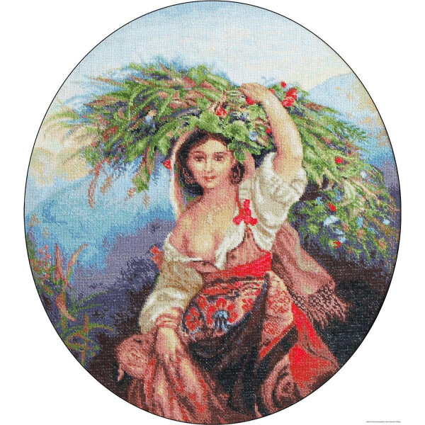 A colorful tapestry created using the cross-stitch technique shows a woman with dark hair wearing a traditional, colorful outfit. On her head she is carrying a large bundle of greenery decorated with flowers. The background shows a tranquil landscape with hills and a partly cloudy sky, all within an oval frame. This beautiful artwork was created using Luca-s embroidery kit.