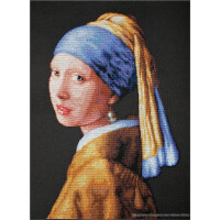 A portrait painting shows a young woman with fair skin wearing a blue headscarf and a golden cloak. She wears a large pearl earring and looks over her shoulder against a dark background. The painting Girl with a Pearl Earring by Johannes Vermeer resembles an intricate masterpiece by Lucas Stickpackung.