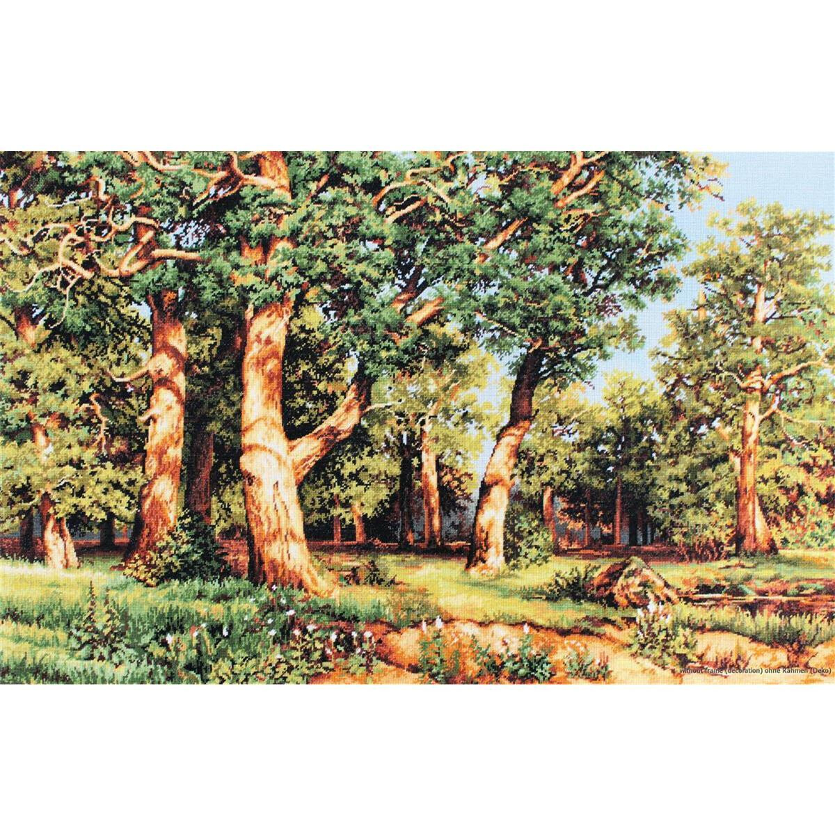 A sunlit forest scene with tall, mature trees and lush,...