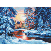 A vivid winter scene shows a snow-covered landscape with a river flowing through the middle. Sunrise or sunset color the sky in warm hues that contrast with the cool blues and whites of the snow-covered trees. A small cabin and a boat by the river add to the tranquil atmosphere, perfect for a Luca-s embroidery pack project.