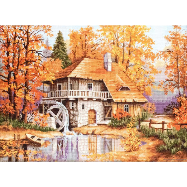 A picturesque fall scene featuring a charming stone house with a thatched roof and a wooden watermill by a tranquil pond, perfect for Luca-s embroidery pack project. The surrounding trees display vibrant fall foliage in shades of orange and yellow. A small wooden boat is moored by the water, with a rustic fence in the background.
