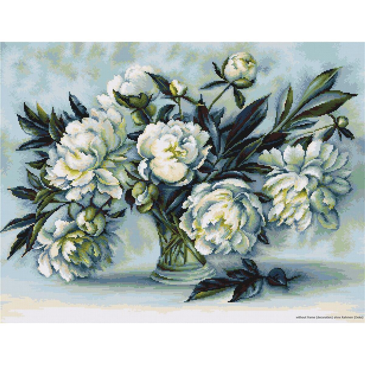 A detailed painting depicts a bouquet of white peonies in...