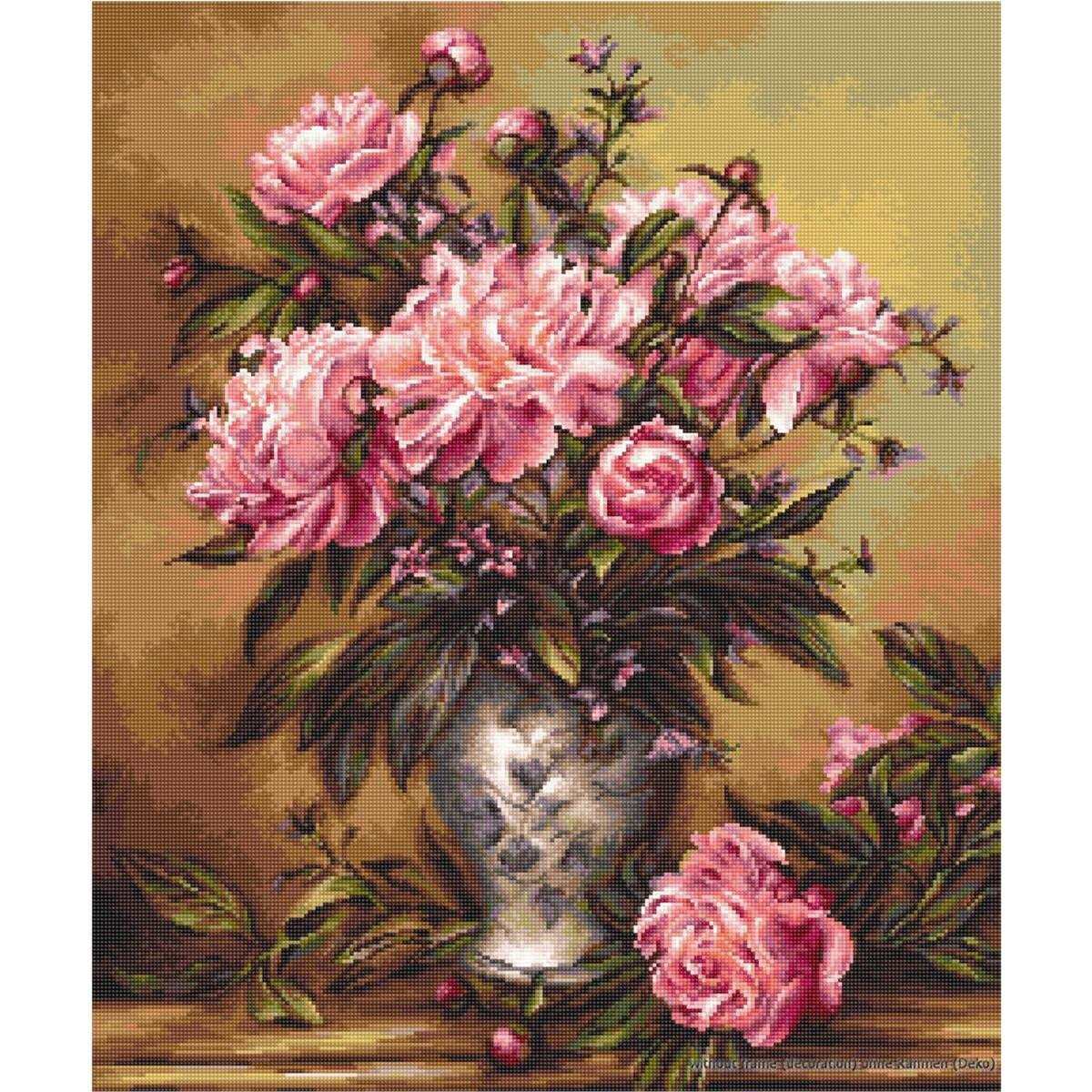 A detailed painting of pink peonies and buds in a silver...