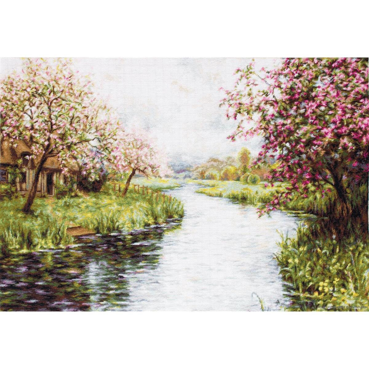 Een rustig landschapsschilderij van een rivier die door...
