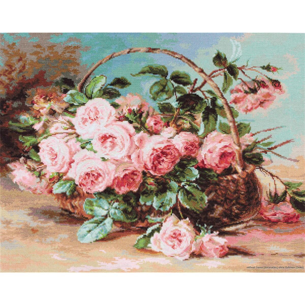 A painting of a wicker basket full of blooming pink roses. The basket stands on a light-colored surface with a few fallen petals and flowers around it. The background has a color gradient of pastel blue and peach tones that adds to the serene and delicate atmosphere, reminiscent of a Luca-s embroidery pack.