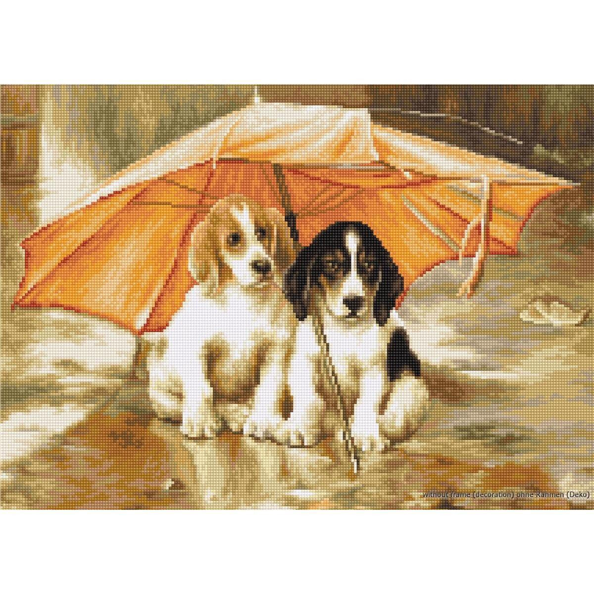 Two adorable puppies are sitting under a large, bright...