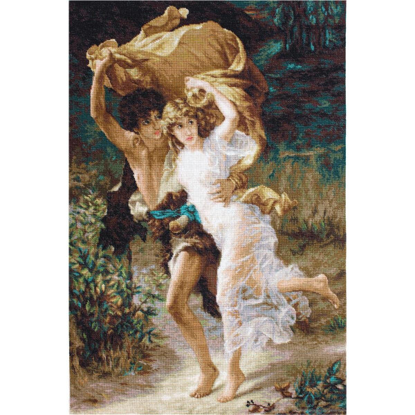 A classical painting shows a young man and a young woman hurrying through a forest clearing. The man, who is holding a brown cloth over her, has short dark hair and a bare chest. The woman, with long blonde hair and a flowing white dress, looks almost like an intricate embroidered package from an enchanting Luca-s in the midst of the green foliage and trees in the background.