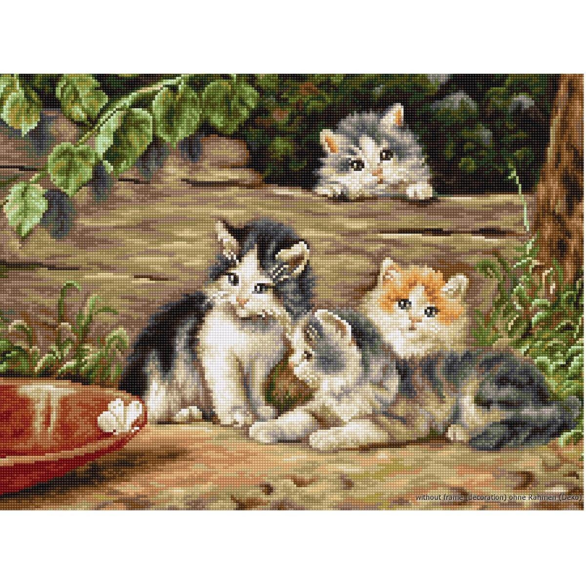 An illustration of four kittens outdoors next to a tree...