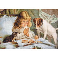 A young girl with blonde curls, dressed in white, sits at a table with a small kitten to her left and a dog to her right. The table, decorated with a blue tablecloth with delicate cross-stitch patterns from Luca-s embroidery pack, offers a breakfast buffet with egg and toast. The girl seems to be saying a prayer, which adds to the gentle, warm atmosphere.