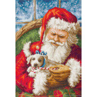 Papá Noel lleva su tradicional traje rojo y blanco y sostiene en brazos a un cachorrito con un lazo azul. Papá Noel mira con cariño al cachorro. Detrás de él hay una ventana con una escena nevada. Las detalladas ilustraciones de este paquete de bordados de Luca-s incluyen ricas texturas y vibrantes colores, capturando un momento festivo y acogedor.