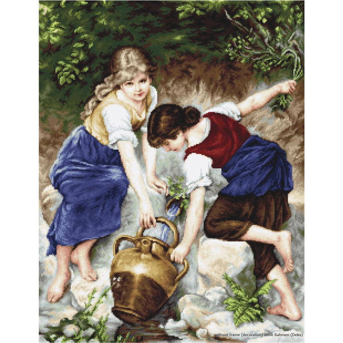 One painting shows two young girls fetching water from a...