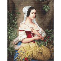 A classical painting of a young woman with black hair, dressed in an off-the-shoulder red and white dress, holding her hands in front of her chest. She sits against a tree trunk surrounded by lush greenery, with golden stalks of wheat and red berries beside her. The cheerful scene evokes the charm of a richly detailed embroidery pack by Luca-s.