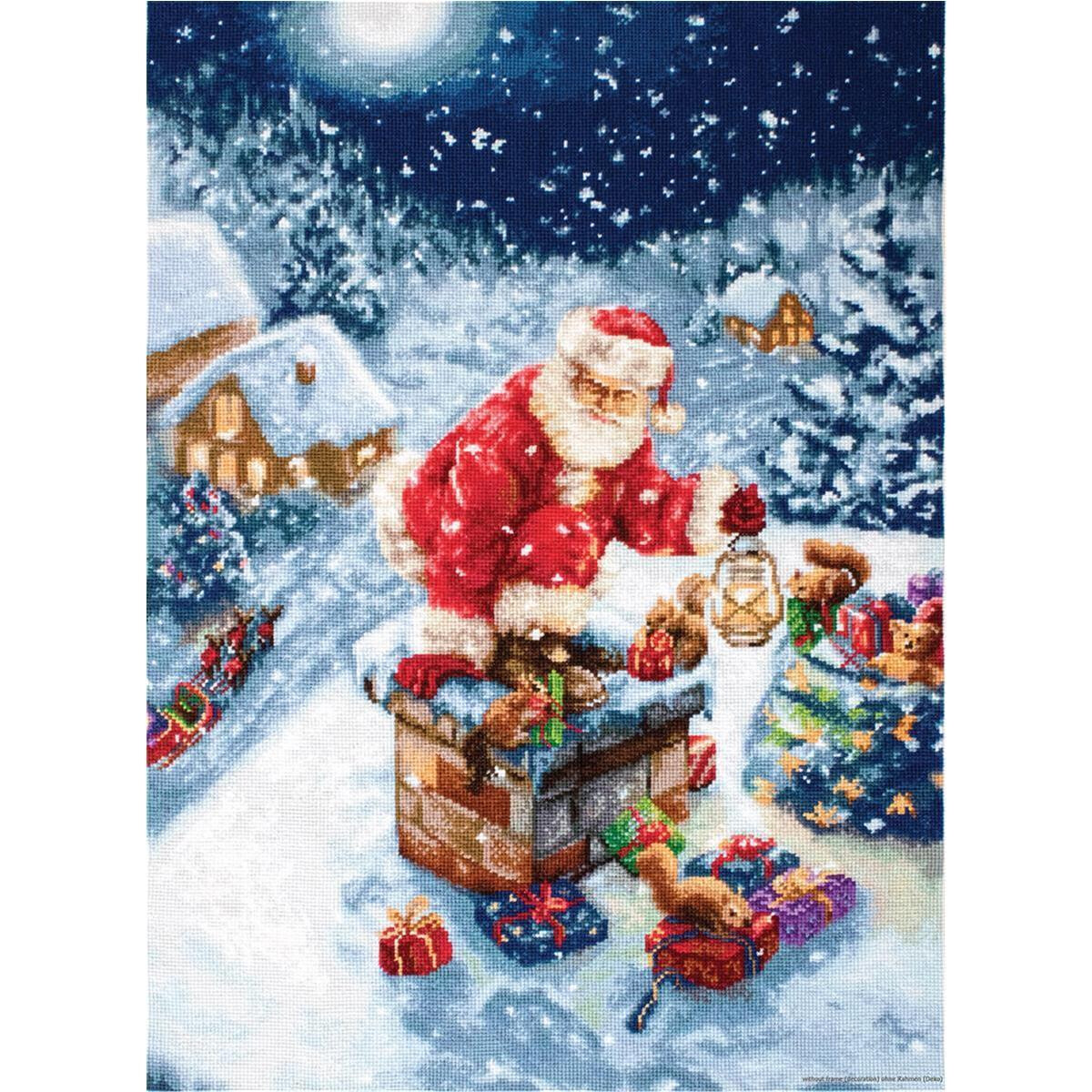 Веселый Дед Мороз в красном костюме сидит, склонившись...