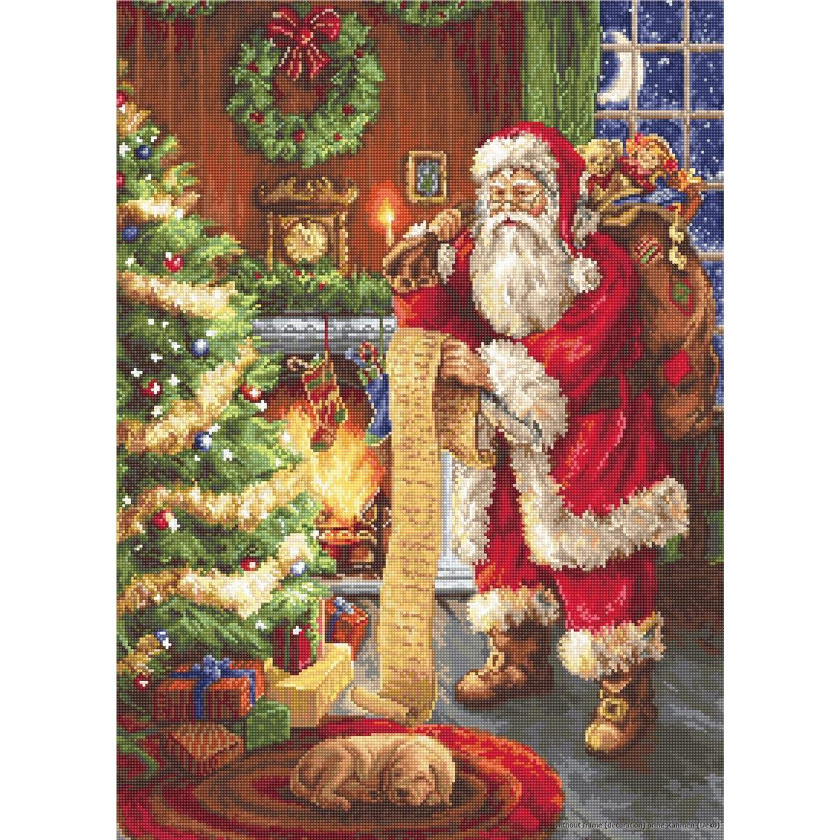 A festive scene shows Santa Claus with a long list in his...
