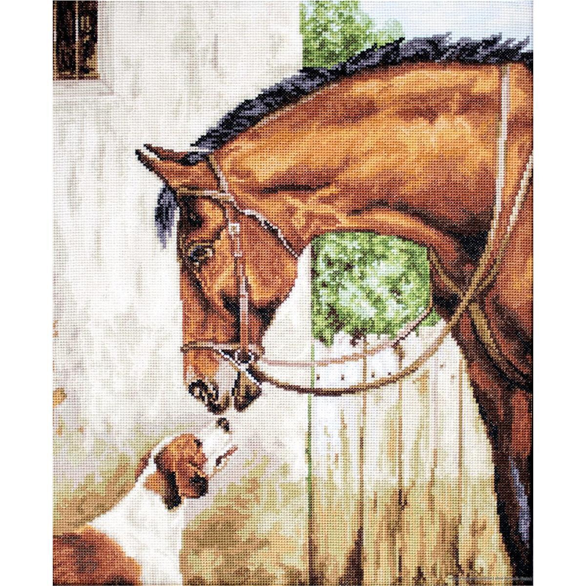 Картина с изображением коричневой лошади с черной гривой...