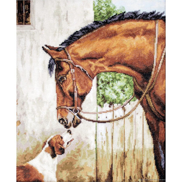 A painting of a brown horse with a black mane and bridle looking down at a brown and white dog. The horse and dog are standing outside in front of a white building with a green tree in the background, their noses touching affectionately. This scene would make an adorable embroidery kit from Luca-s for any craft lover.