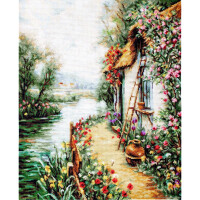 A lush, colorful riverside scene shows a path lined with bright flowers and greenery leading to a quaint little house with a thatched roof. A wooden ladder leans against the house, which is covered in flowering vines. This picturesque moment could be brought to life with a detailed embroidery pack from Luca-s.