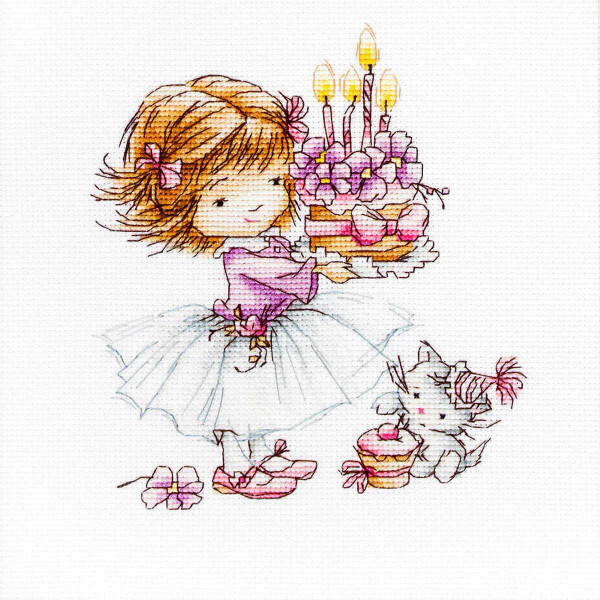 Luca-S counted Cross Stitch kit "Girl with a Kitten and a Cake", 13,5x14,5cm, DIY