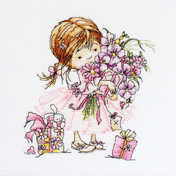 Luca-S kruissteek set "Meisje met een boeketje bloemen", telpatroon, 13,5x14,5cm