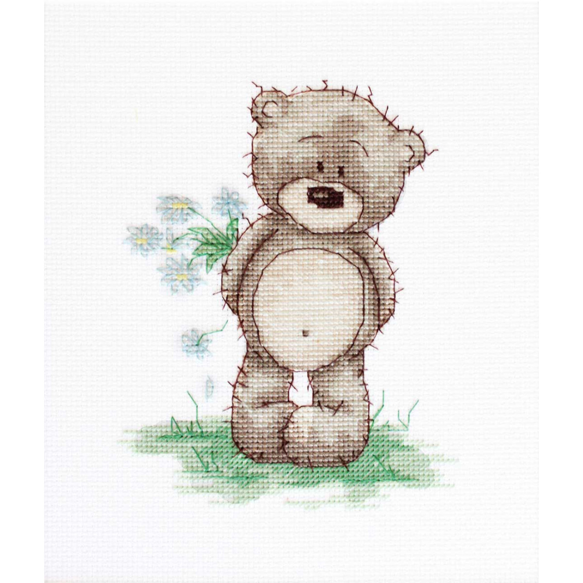 A drawing of a cute, brown, slightly worn teddy bear with...