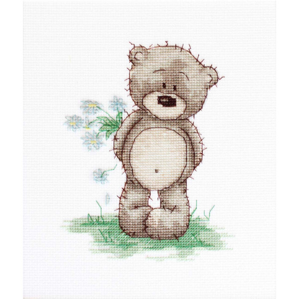 Luca-S kruissteek set "Bruno teddybeer met boeket bloemen", telpatroon, 10,5x13,5cm
