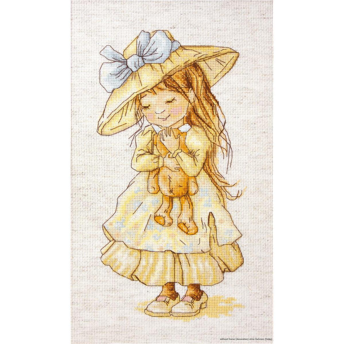 Illustration of a young girl wearing a large straw hat...