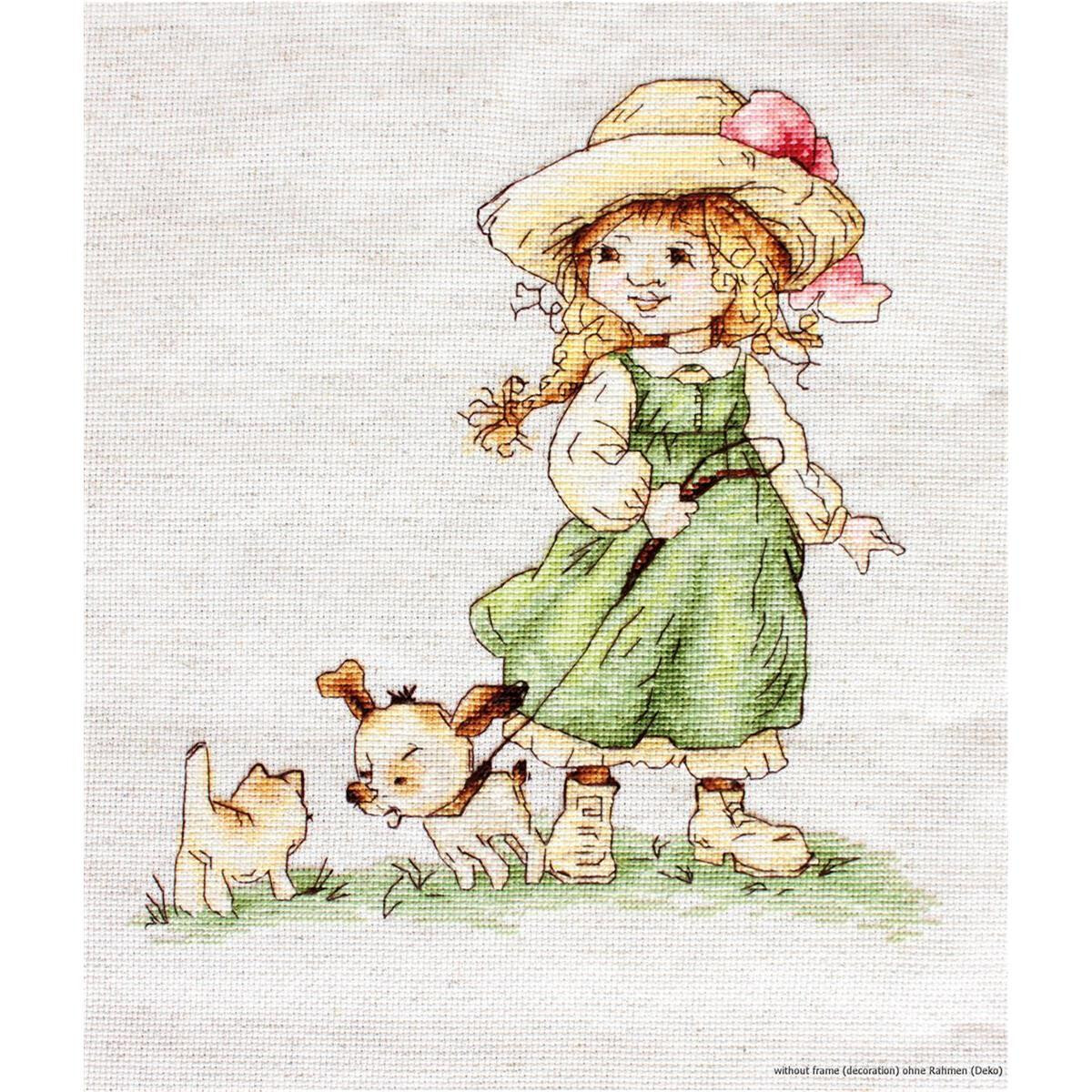 Illustration of a young girl in a green dress and a large...