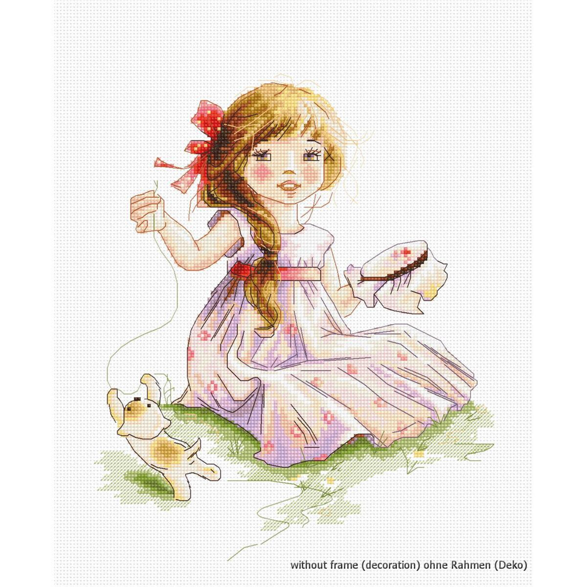 Illustration of a young girl in a pink dress with red...