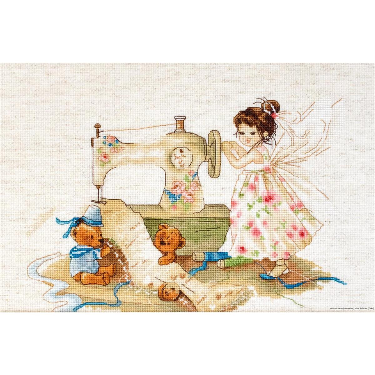A needlepoint carpet showing a girl in a flowered dress...