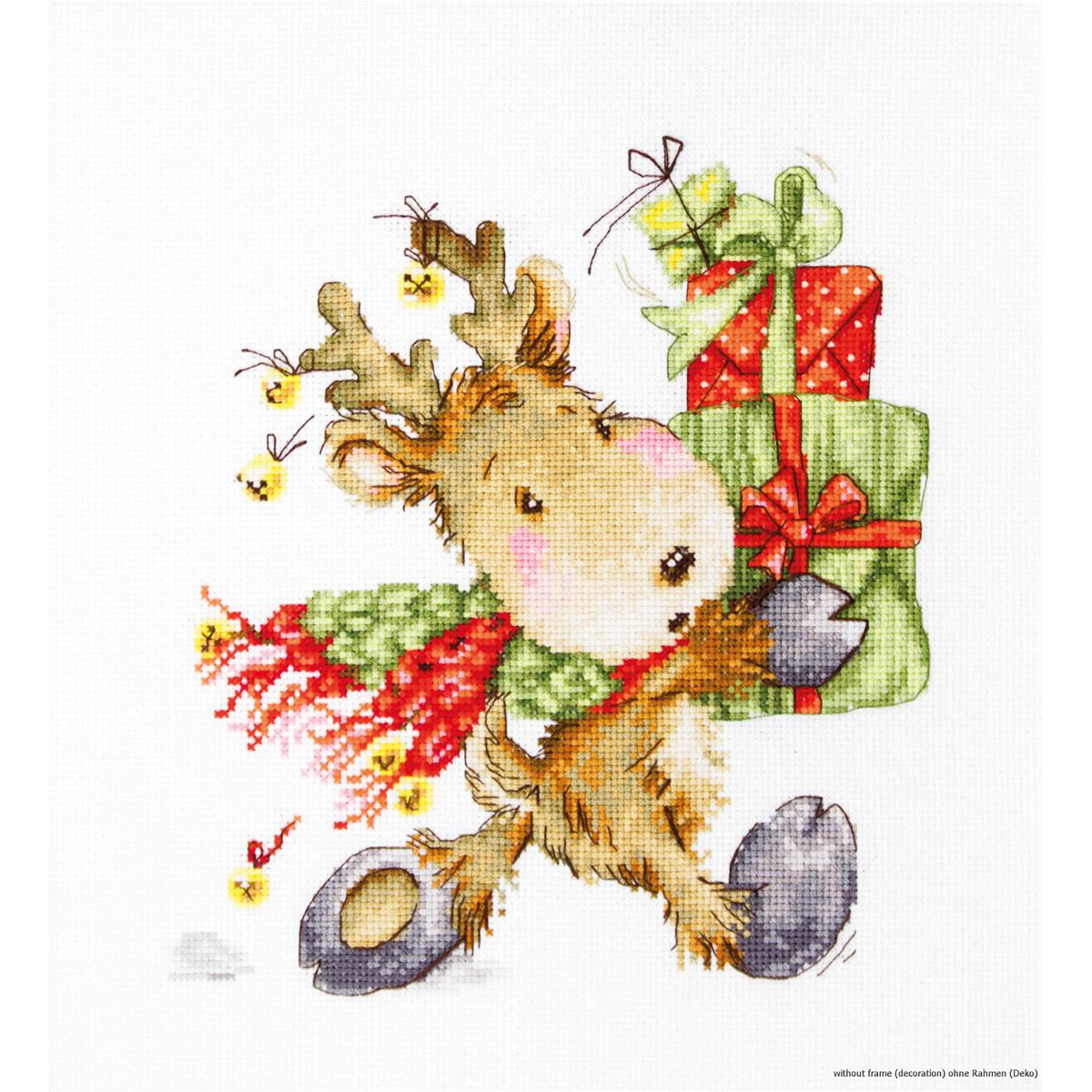 A cute cartoon-style reindeer holds a stack of colorful...